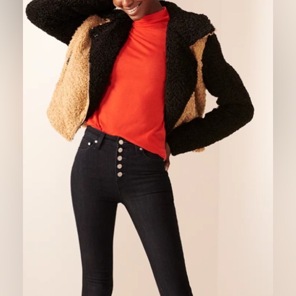 Nine West Sherpa bomber jacket in tan & black w/ asymmetrical zipper. XL - Picture 9 of 13